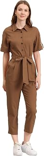 Allegra K Women's Short Sleeve Collared Coverall Tie Waist Cargo Jumpsuit