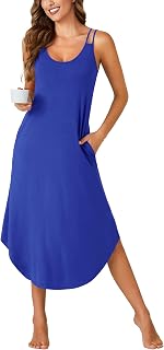 Vrtige Women's Spaghetti Strap Round Neck Sleeveless Nightgown Long Nightdress with Pocket