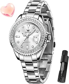 OLEVS Watches for Women with Diamonds with Date, Luxury Leather, Waterproof, Stainless Steel Analog Wristwatch, Women's Watch with Luminous Calendar, Green/Silver/Red Dial