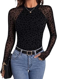 Zeagoo Long Sleeve Shirts for Women Floral Mesh Sheer Top Mock Neck Double Lined Fitted Going Out Blouses