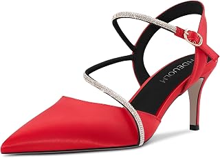 HDEUOLM Women's Stiletto Medium Heel Lace Toe Cap Sandals Slingback Diamond Crystal Party Cute 6.5 cm Heels