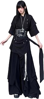 CPHWQ Gothic Harajuku Large Size Black 3-Piece Set [with Belt] Ladies Men's Shirt, 3/4 Sleeve, Irregular, Stylish, Casual, Loose, Individual Style, Lightning Style, Unisex, Spring, Summer, Fall