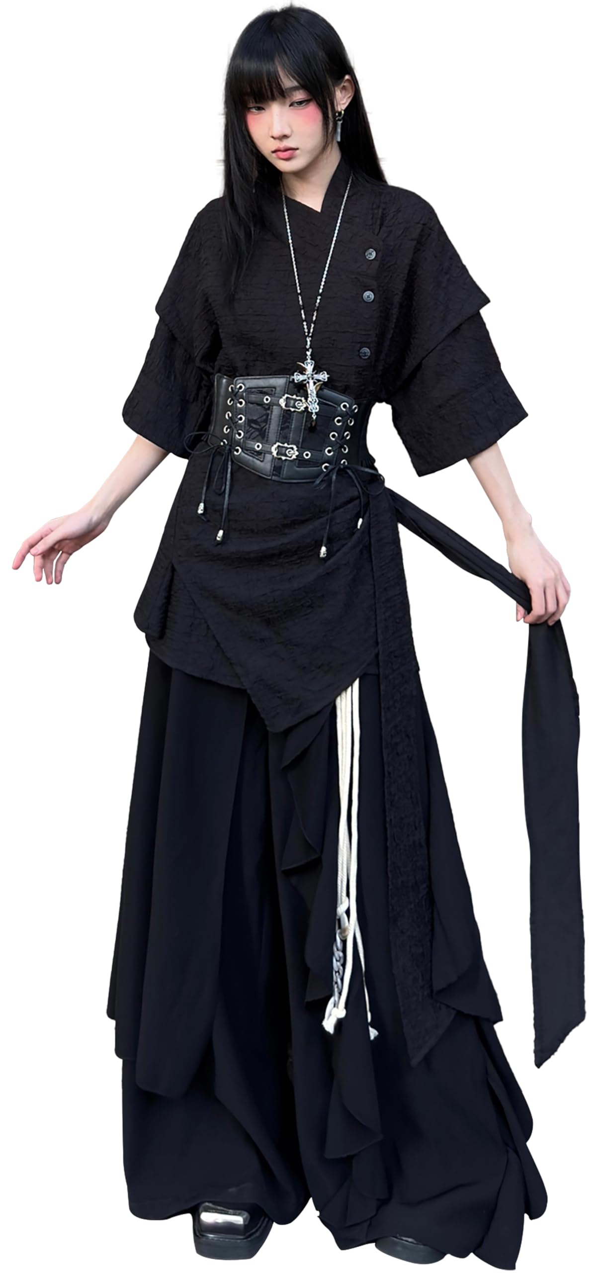CPHWQ Gothic Harajuku Large Size Black 3-Piece Set [with Belt] Ladies Men's Shir