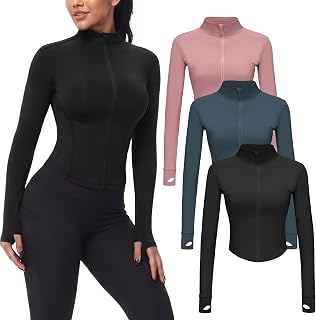 Dalavch 3 Pack Womens Cropped Full Zip up Workout Jacket with Thumb Holes | Slim Fit, Fitted, Tight, Compression, Exercise, Running, Athletic, Gym, Track, Yoga, Sports, Jacket, Active Wear, Tops