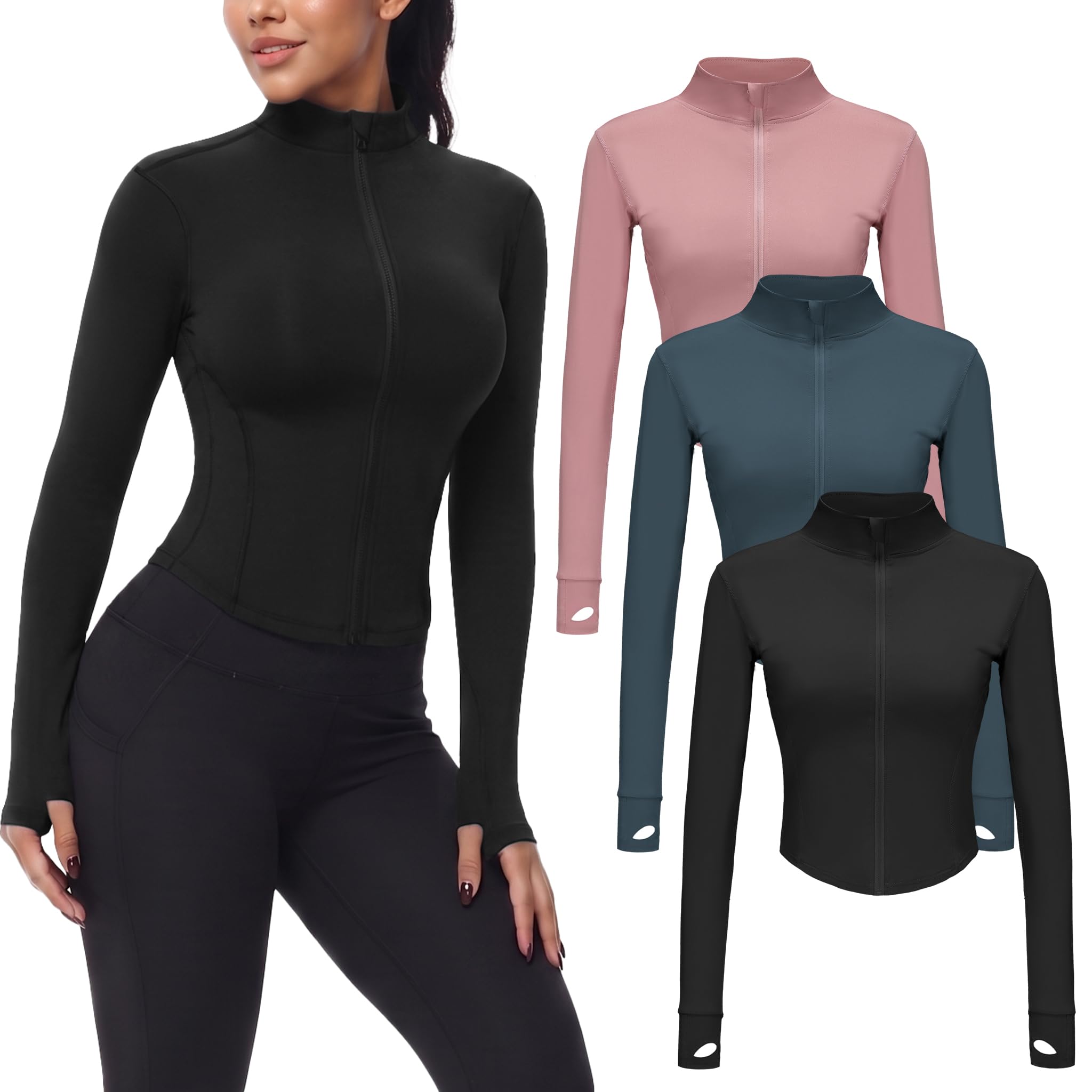 Dalavch 3 Pack Womens Cropped Full Zip up Workout Jacket with Thumb Holes | Slim