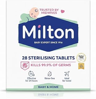 MiltonBaby Sterilising Tablets 28 Pack, Cold Water Steriliser Tablets for Baby Bottles, Teats, Breast Pump Parts and Soothers, Kills 99.9% of Germs in 15 Minutes, Rinse Free, Travel Friendly
