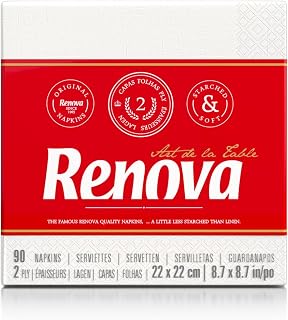 RENOVA Art de la Table Napkins, 2 Layers, 90 Units, 22 x 22 cm, Cocktail