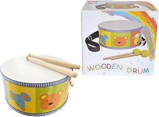JOLLYLAND 8-Inch Kids Drum, Wooden Toy Drum with Adjustable Strap and 2 Drumsticks, Blue Animals