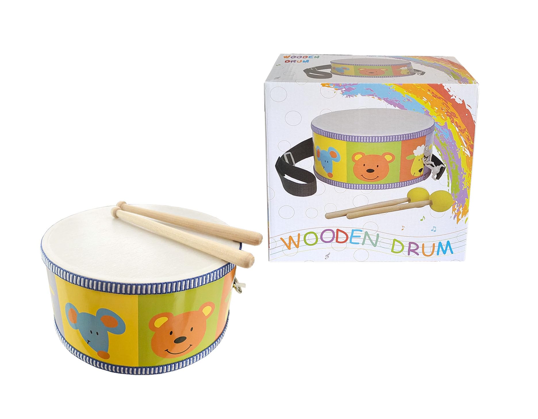 JOLLYLAND 8-Inch Kids Drum, Wooden Toy Drum with Adjustable Strap and 2 Drumstic