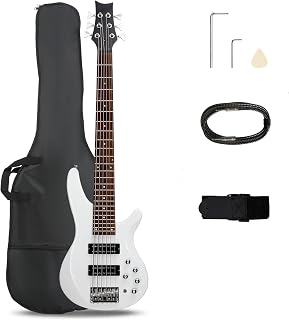 Ktaxon Electric Bass Guitar 6 String Bass Guitar Kit for Beginners | Professional H-H pickup, 3 Way Pickup Selector, Unique Body Design| With Cable, Strap, Wrench & Picks(Upgraded White)