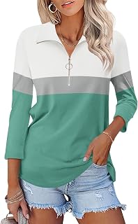 TICTICMISS Women's 3/4 Sleeve Tops V Neck T Shirts Zipper Solid/Color Block Collared Polo Shirts
