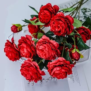 1 Bouquet Artificial Flowers Simulation Peony Three Heads Fake Flowers for Home, Wedding, Party, Room Decoration, 64 * 7 * 0.2 cm (Red)