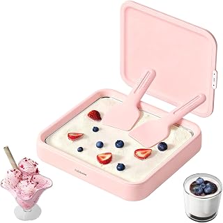 Ice Plate Ice Rolls, SUS316 Food Grade, Ice Rolls Machine Including Lid & 2 Spatulas, DIY Ice Cream Machine Ideal for Family, Ice Cream Rolls, Gelato Yogurt, Sorbet, Easy Clean (Pink)