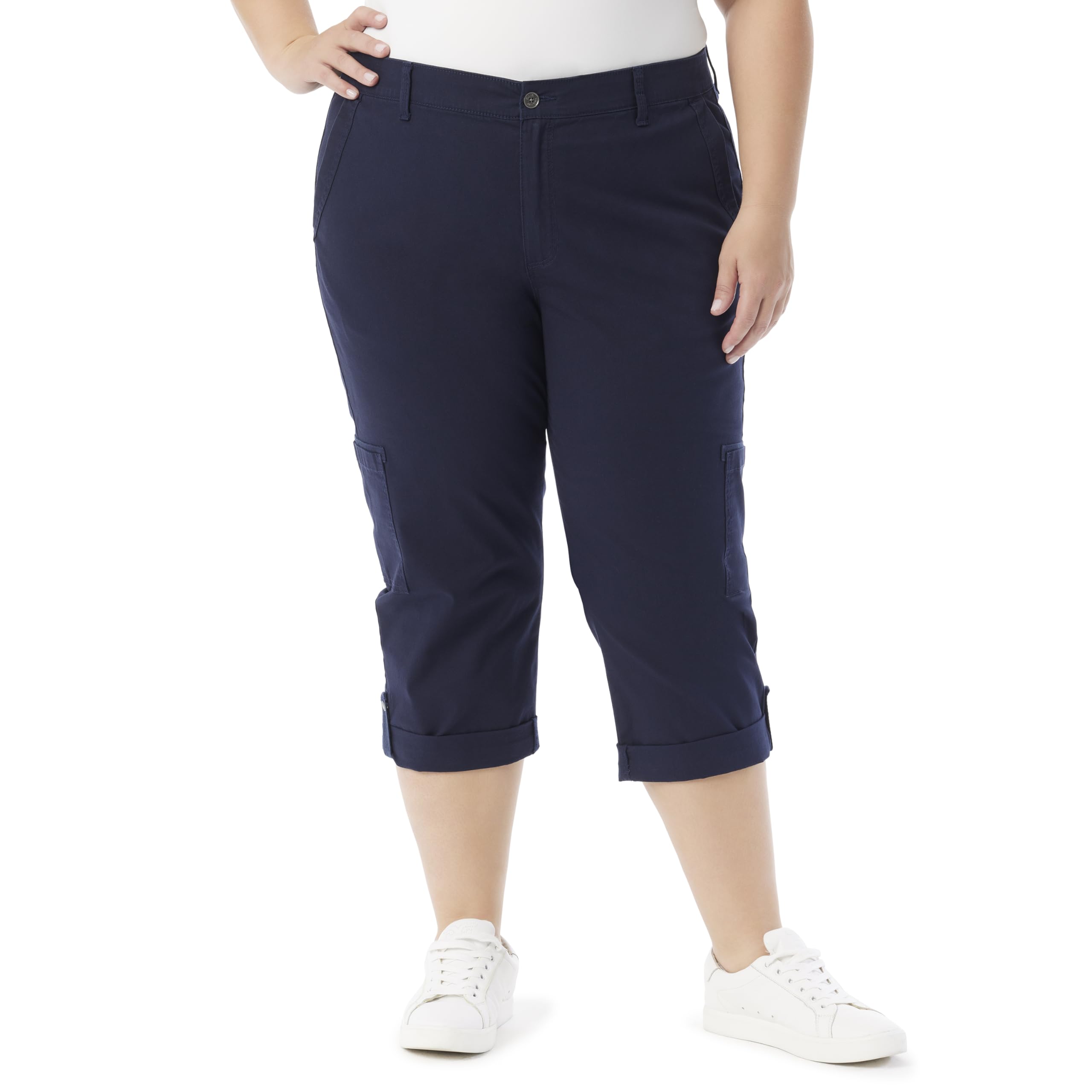Gloria Vanderbilt Cargo Capri Tab Roll Cuff with Zip Front and Elastic Waist Sta