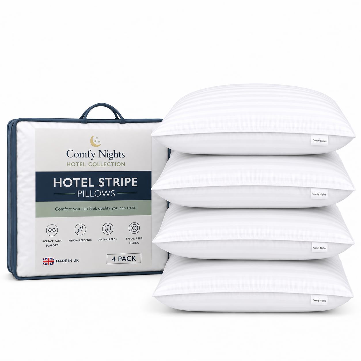 Comfy Nights Pillow 4 Pack Hotel Quality Stripe Bed Pillows Hypoallergenic & Ant