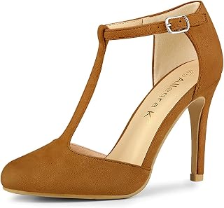Allegra K Women's Rounded Toe Stiletto Heel Pumps with T-Strap