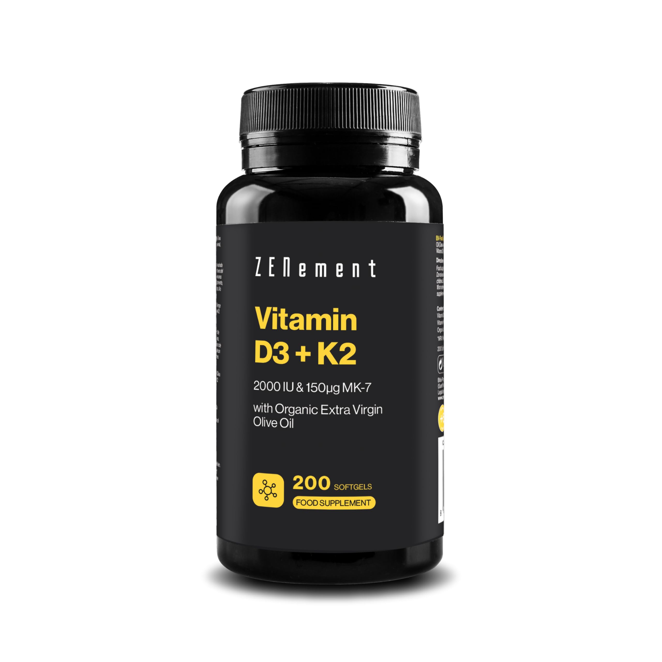 Vitamin D3 2000 IU + K2 MK-7 150µg, Bioavailable in EVOO - 200 Capsules