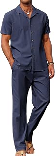 COOFANDY - Conjunto de 2 piezas de lino para hombre, camisa con botones y pantalones holgados informales, Azul marino, Large