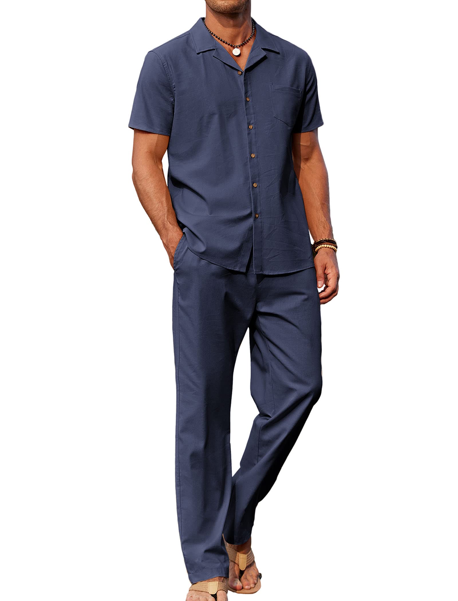 COOFANDY - Conjunto de 2 piezas de lino para hombre, camisa con botones y pantal