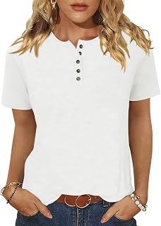 TICTICMIMI レディース クルーネック 半袖 トップス 夏 ベーシック ボタン Tシャツ ゆったり キュート チュニック Tシャツ ブラウス フィット プルオーバー