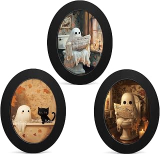 3Pcs Funny Ghost Halloween Bathroom Oval Wall Art Framed Spooky Decor | Cute Ghost Canvas Prints Halloween Decor for Bathroom Washroom Vintage Spooky Ghosts Wall Art