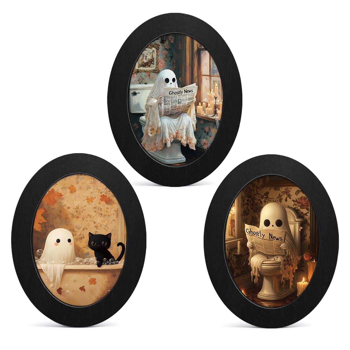 3Pcs Funny Ghost Halloween Bathroom Oval Wall Art Framed Spooky Decor | Cute Gho