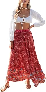 ZESICA Women's Bohemian Floral Printed Elastic Waist A Line Maxi Skirt