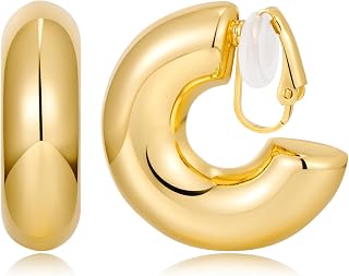 WOWORAMA Gold Hoop Earrings for Women - Classic Large Chunky Clip On Hoops, Non Pierced, Minimalistic Design