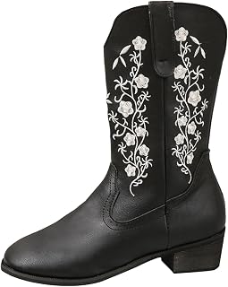 Ulalaza Women's Boots Western Cowboy Boots Mid Calf Cowgirl Boots Block Chunky Heel Embroidered Floral Mid Heel Casual Boots High Pointed Toe Boot Dress Boots Knee High Square Toe Short Booties