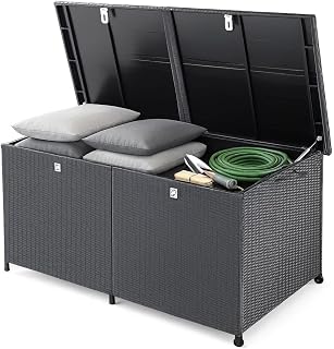 CASARIA® Rattan Garden Storage Box, Wheels & Carry Handle, Waterproof | XXL Extra Large, Water & UV Resistant, Lockable Storage, Automatic Gas Lift Lid, Trunk, Chest, Organiser, 150x77x73cm, Black