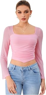 Women's Club Party Contrast Mesh T-Shirt Shirring Square Neck Bell Sleeve Crop Tops