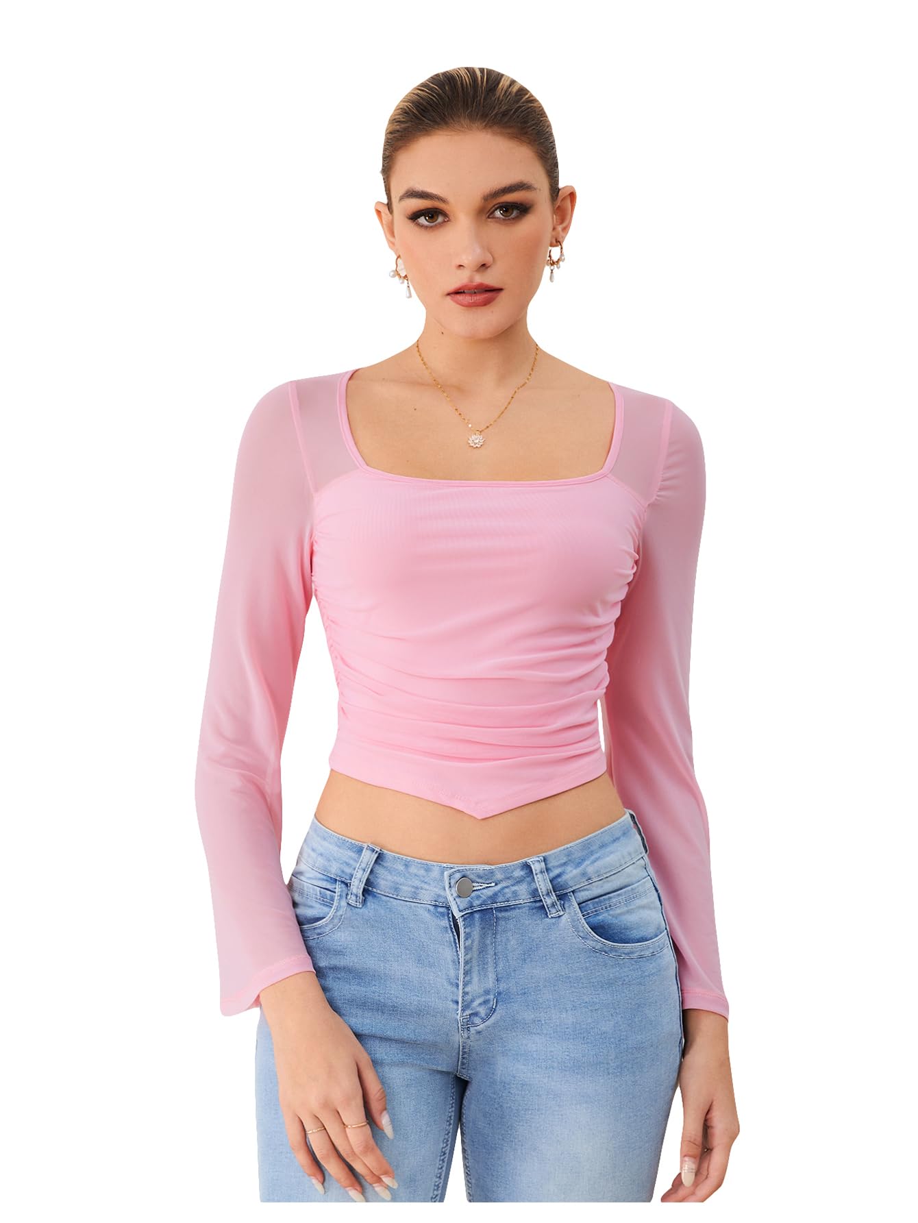 Women's Club Party Contrast Mesh T-Shirt Shirring Square Neck Bell Sleeve Crop T