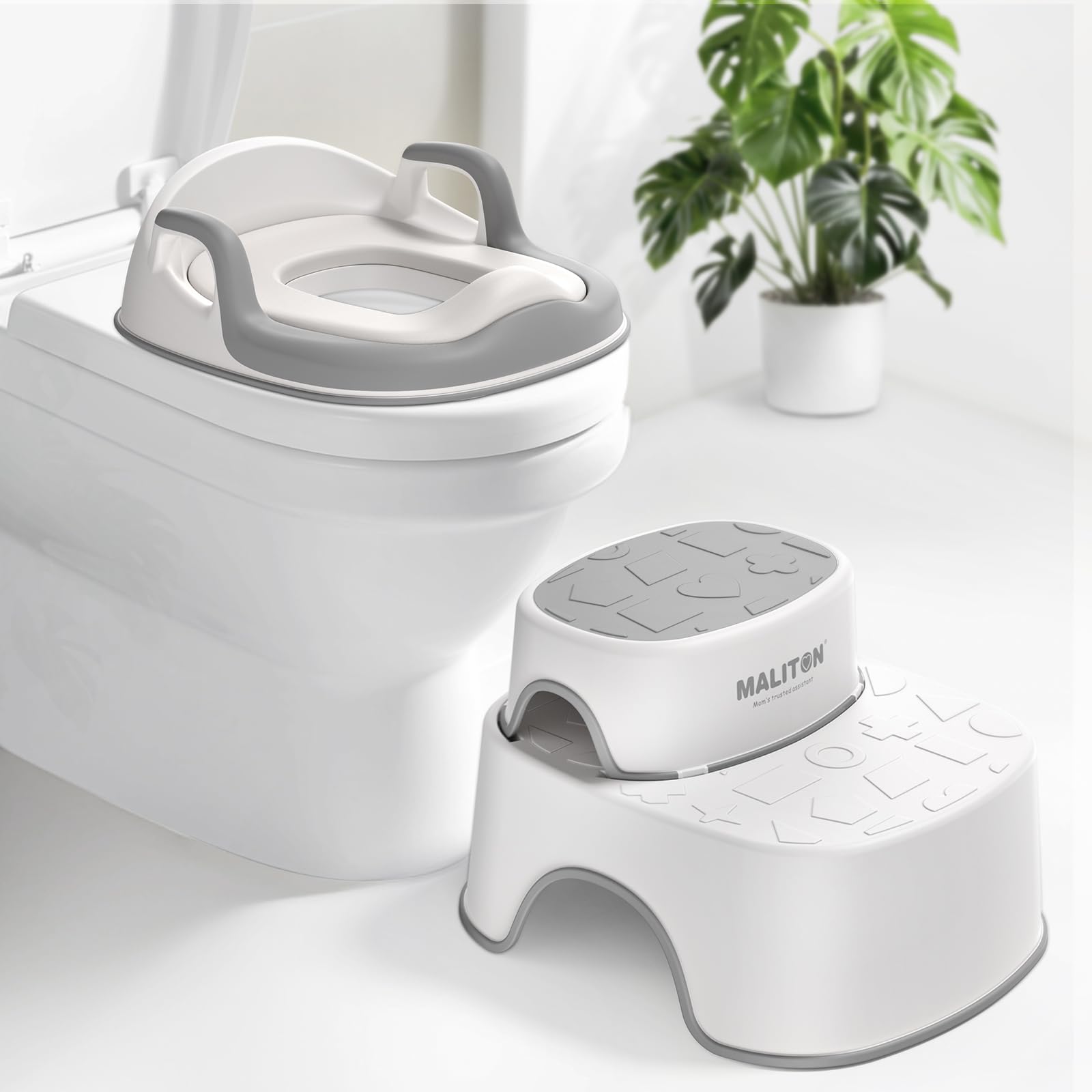 Maliton Potty Training Toilet Seat with 2-Step Stable Stool & Handles(Grey) | To