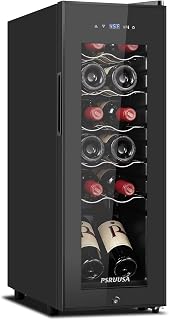Psruusa 12 Bottle Wine Fridge, Slim Wine Cooler Refrigerator | Freestanding Wine Cellar Store Red, White, Champagne with 41–64°F Control, Low Vibration Efficient Cooling for Compact Space