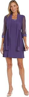 R&M Richards Womens 2 Piece Mesh Panel Beaded Neck Jacket Dress