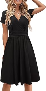 STYLEWORD Robe d'été à Manches Courtes pour Femme Robe d'été à col en V Floral Wrap Taille Robe décontractée avec Poches