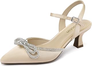 DOBOLIN Wide Width Kitten Heels for Women Rhinestone Bow Pointed Toe Pumps