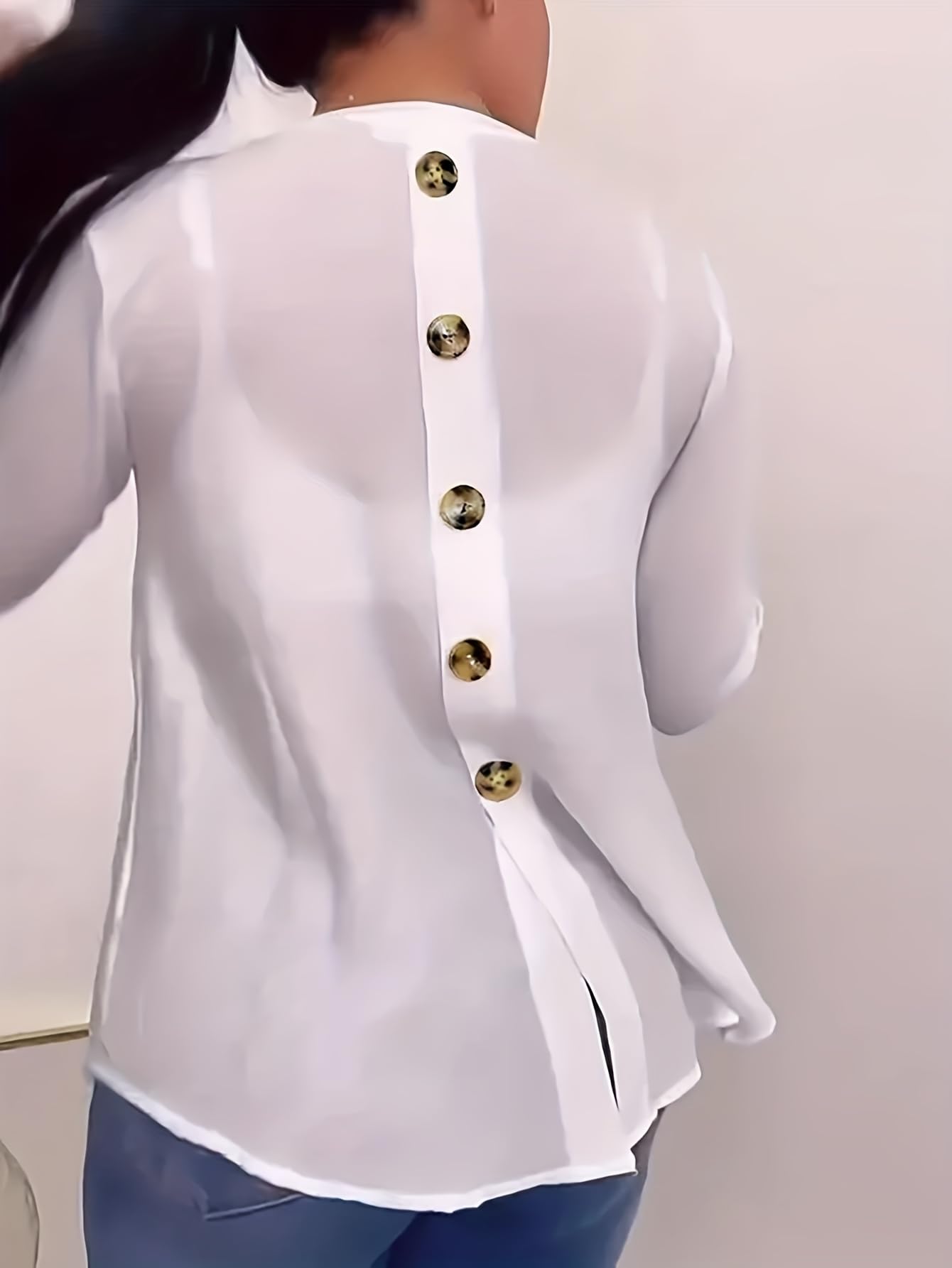 Women V Neck Button Back Rolled Sleeve Casual Tunic Top with Pockets White