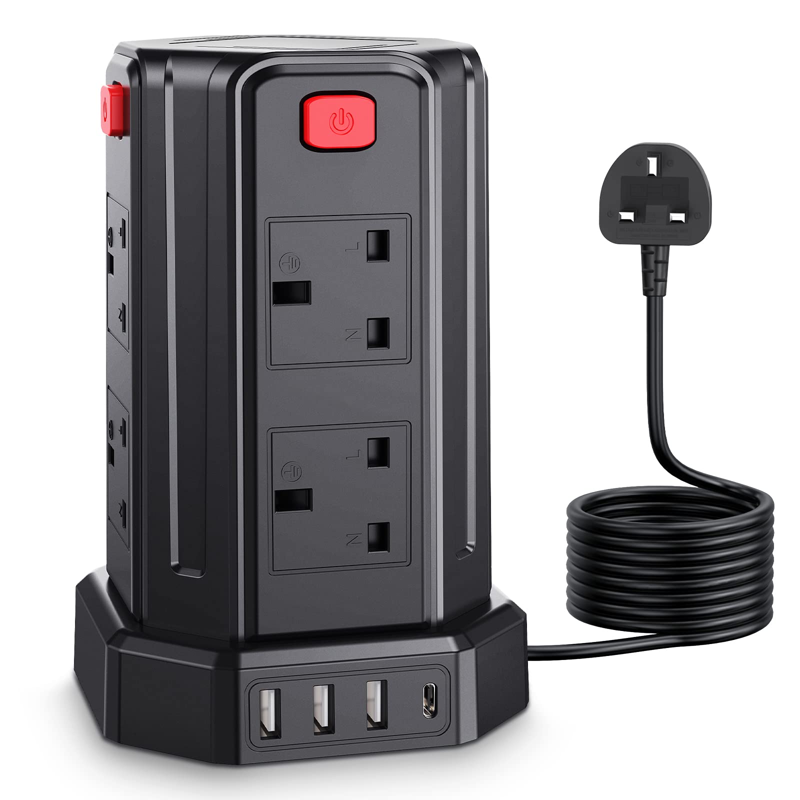 Tower Extension Lead 3M, [13A 3250W] Extension Lead, 8 AC Outlets & 4 USB Ports 