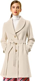 Allegra K Ladies Single Breasted Belted Midi Winter Coat Beige