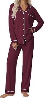 Ekouaer Pijama de manga larga con botones para mujer, Rojo vino, M