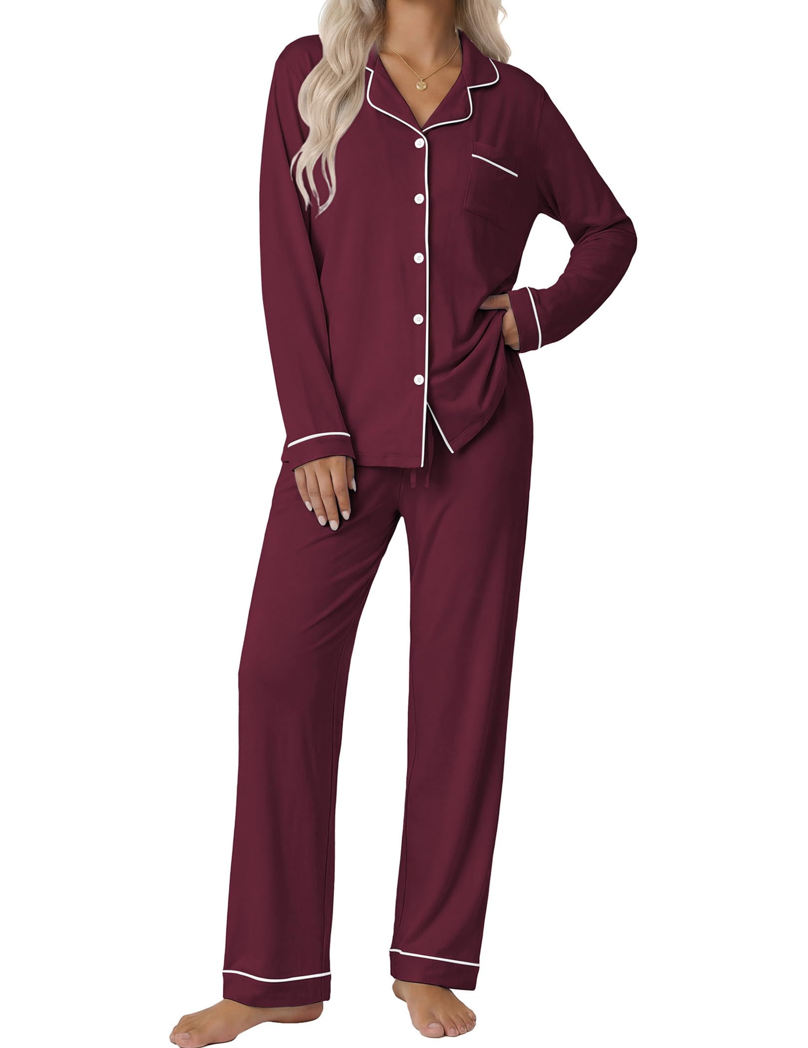 Ekouaer Pijama de manga larga con botones para mujer, Rojo vino, M