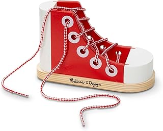 Melissa & Doug Deluxe Wood Lacing Sneaker Skill Building Montessori Toy | 2 Piece Set, Wooden High-Top Sneaker, Extra-Long Lace, Shoe Tying Fine Motor Play, Preschool Learning Toys for Kids, Ages 3+