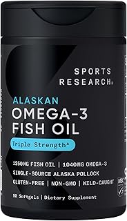Sports Research® Omega-3 Fish Oil 1250mg from Wild Alaska Pollock, 90 Count | Always Fresh Never Fishy | 690mg EPA 260mg DHA per Softgel · Heart & Brain Health* · MSC Certified Sustainable - 90 Servings