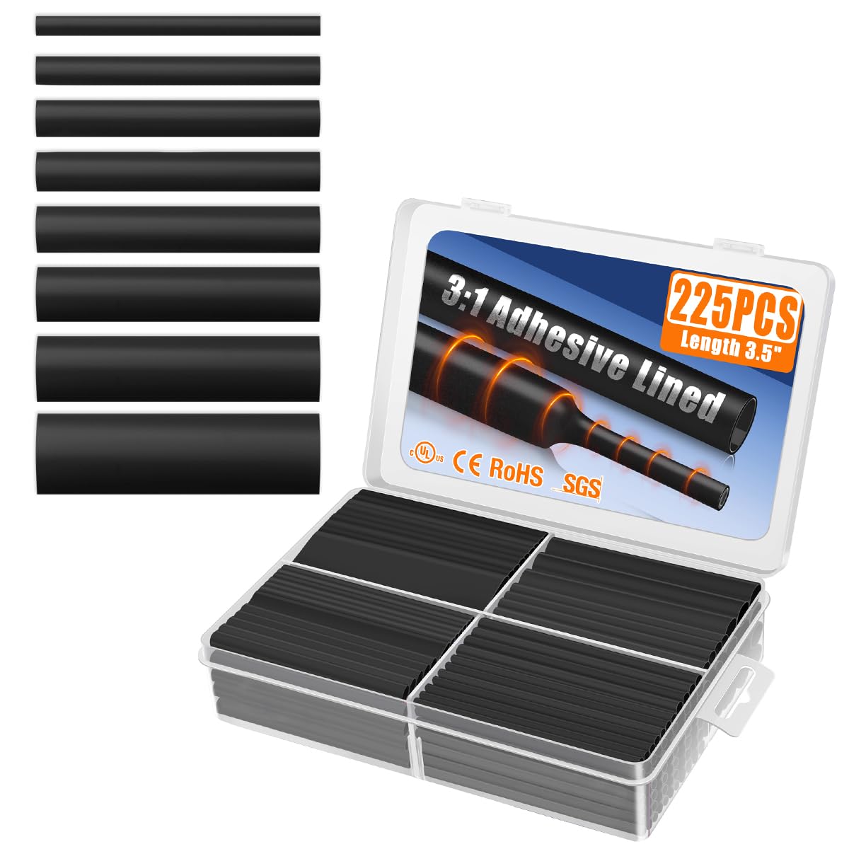 XHF UL Listed 225 Pcs Length 3.45" 3:1 Waterproof Heat Shrink Tubing Kit 8 Size 