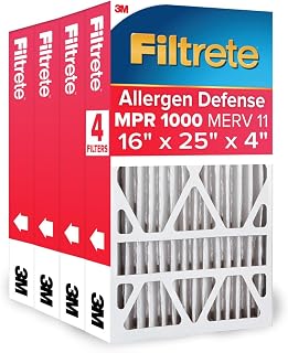 Filtrete 16x25x4 Air Filter, MERV 11, MPR 1000, 4 HVAC Filters | Allergen Defense, 12-Month AC/Furnace Filters, Cleaner Air, Reliable Airflow, (Act. Size 15.88x24.56x4.31 in)