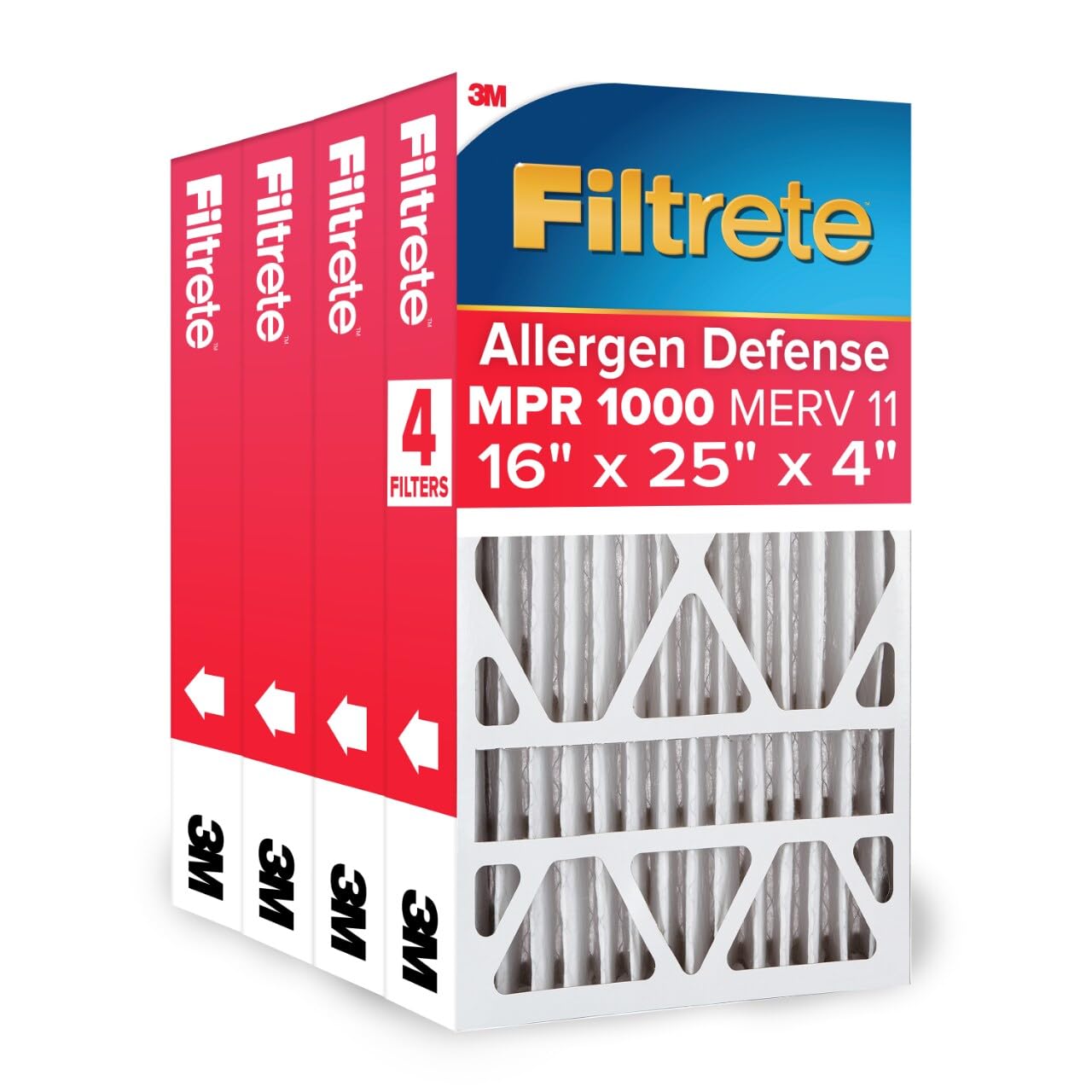 Filtrete 16x25x4 Air Filter, MERV 11, MPR 1000, 4 HVAC Filters | Allergen Defens