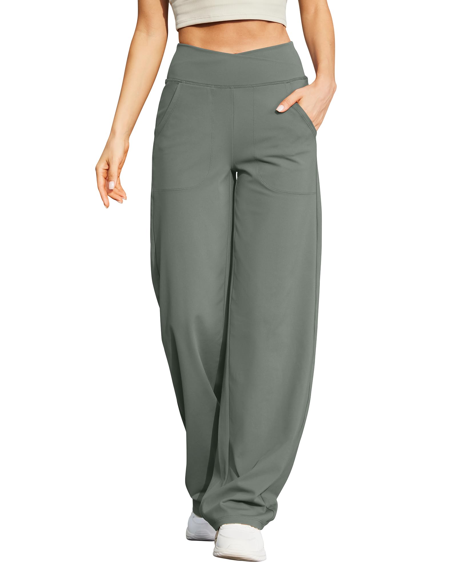 G4Free Yoga Pants for Women Wide Leg Trousers Crossover High Waist with Pockets 