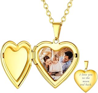 Custom4U Personalized Heart Locket Necklace with Pictures,Sunflower/Angel Wings/Heart Shaped Lockets Custom Photo,Gold/Rose Gold/White Lockets That Holds Picture,Customized Memorial Jewelry for Women