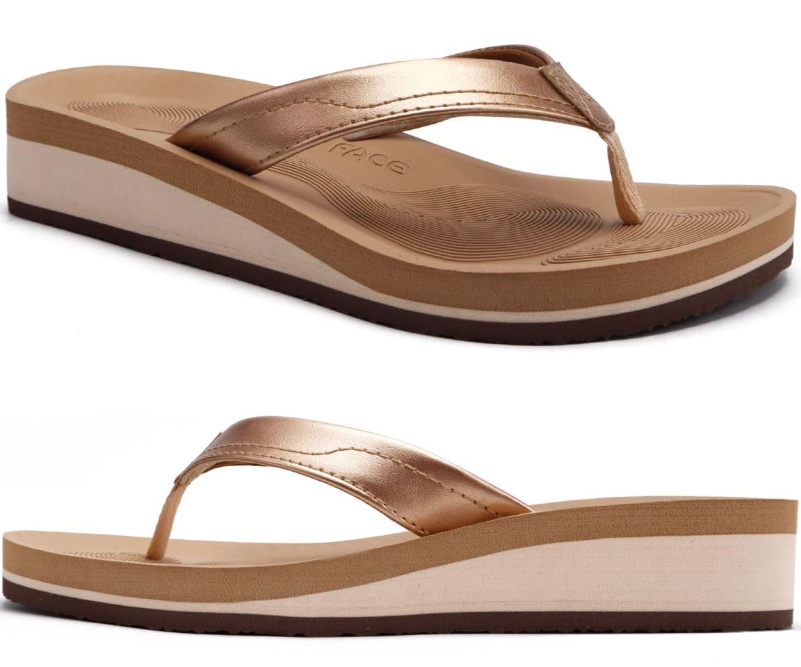 COFACE Women's Elegant Flip Flops Leather Fashion Flip Flops with High Wedge for